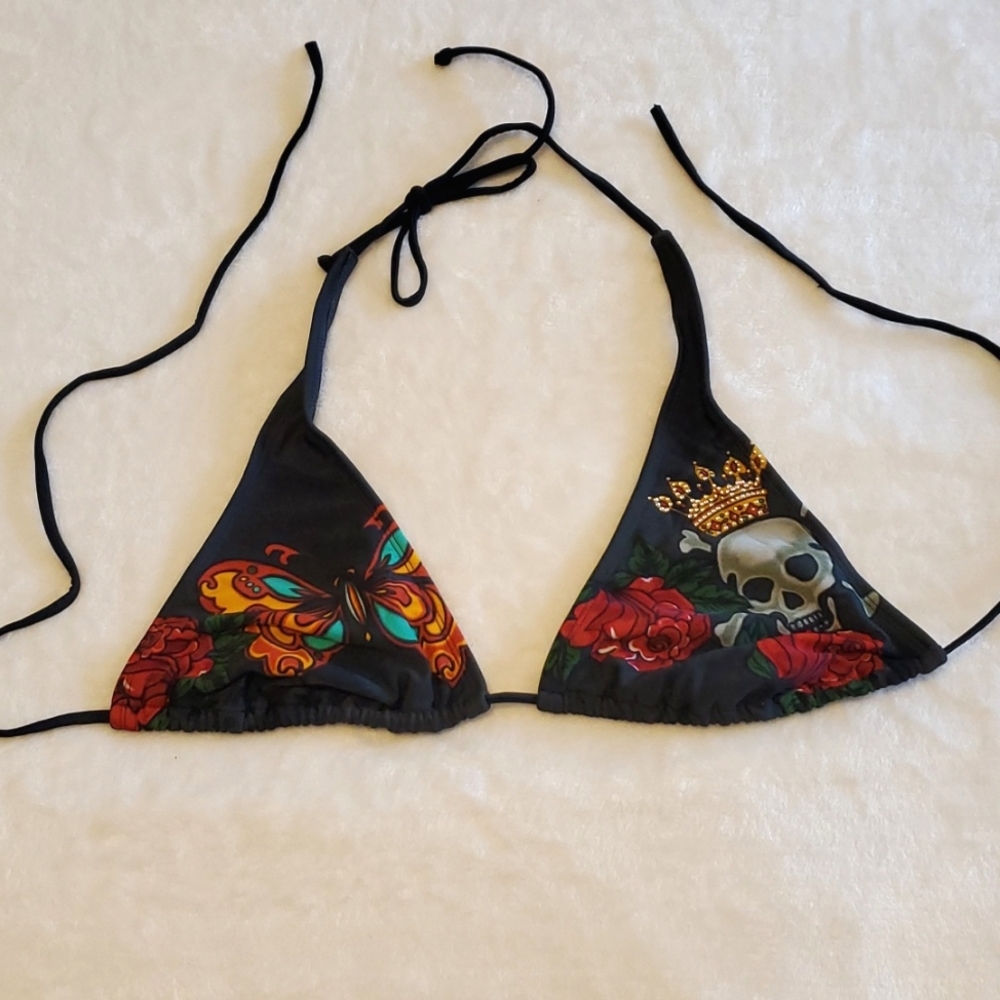 Tattoo Inspired Rhinestone Skull n' Rose Bikini Halter Swimsuit Top